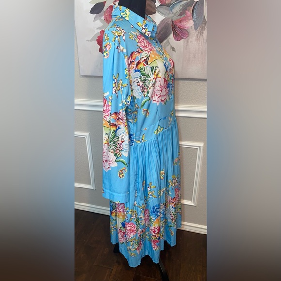 Blue Floral Collared Bishop Sleeve Dress || Size 2XL - Picture 10 of 14